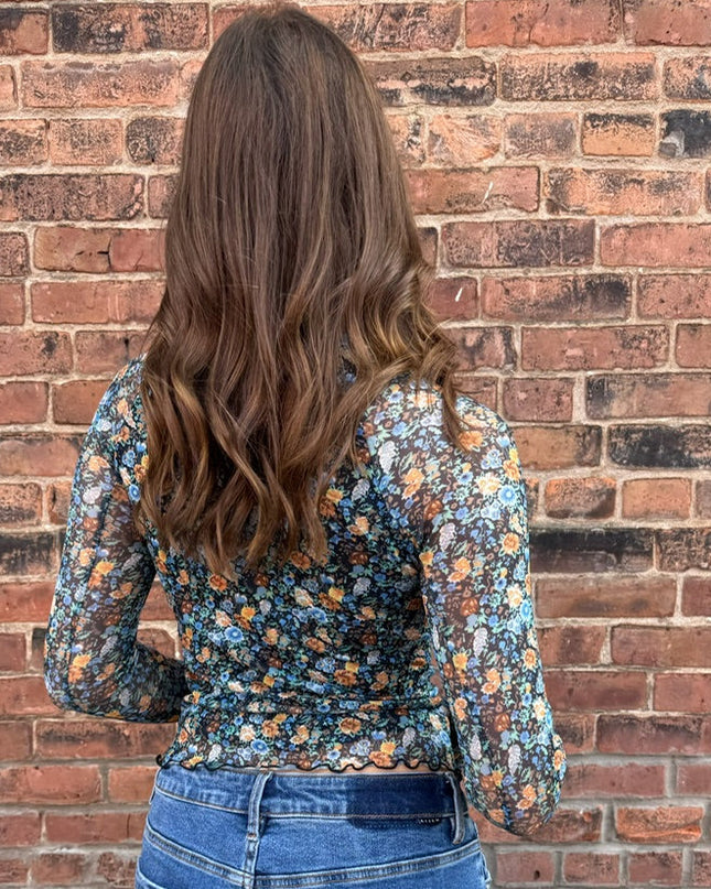 Teal Green Floral Mesh Top