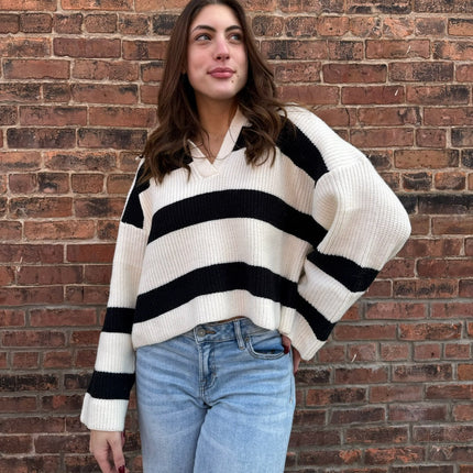 Black Ivory Stripe Sweater with collar