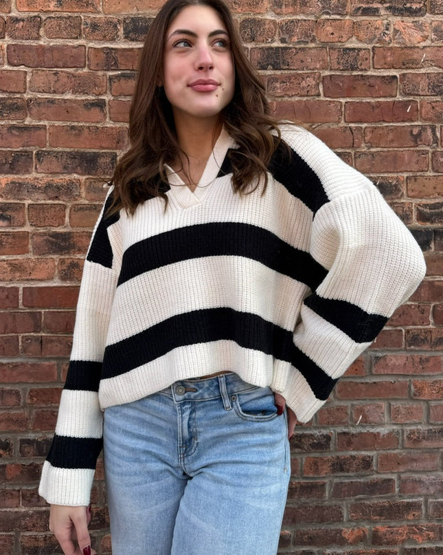 Black Ivory Stripe Sweater with collar