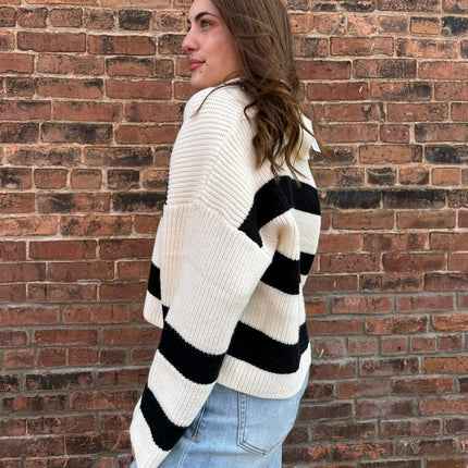 Ivory/Black Stripe Wide Collar Sweater