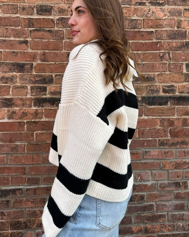 Ivory/Black Stripe Wide Collar Sweater
