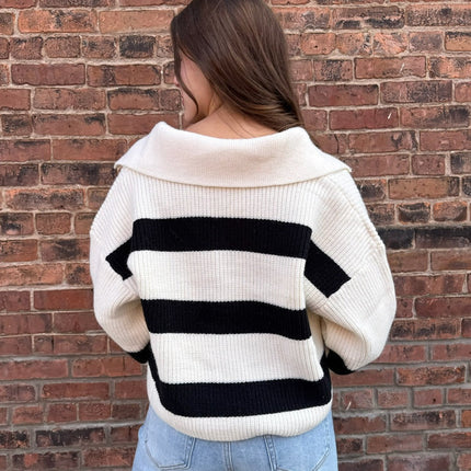 Ivory/Black Stripe Wide Collar Sweater