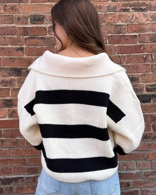 Ivory/Black Stripe Wide Collar Sweater