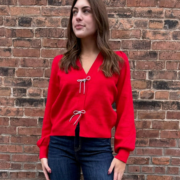 Red Ribbon Bow Trim Cardigan - Shop Simply Apparel