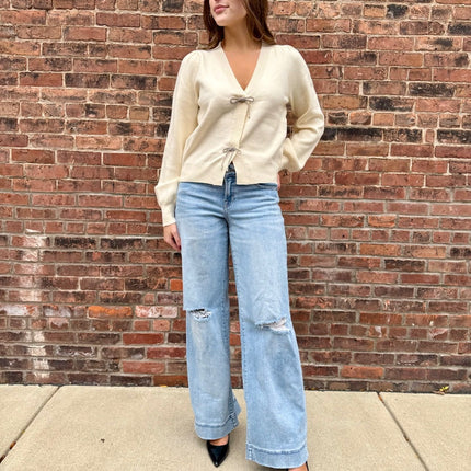 Cream Ribbon Bow Trim Cardigan - Shop Simply Apparel