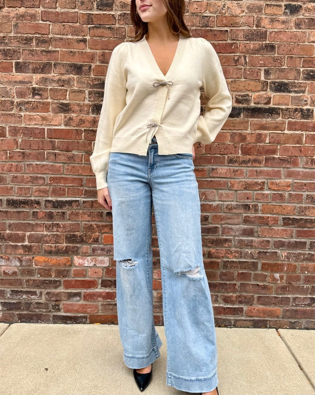 Cream Ribbon Bow Trim Cardigan - Shop Simply Apparel