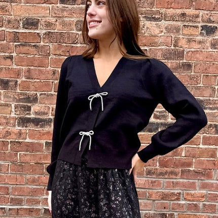 Black Ribbon Bow Trim Cardigan - Shop Simply Apparel