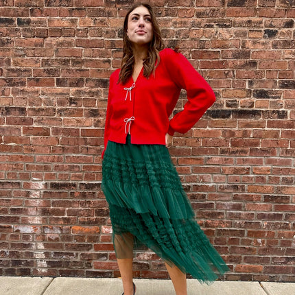 Red Ribbon Bow Trim Cardigan - Shop Simply Apparel