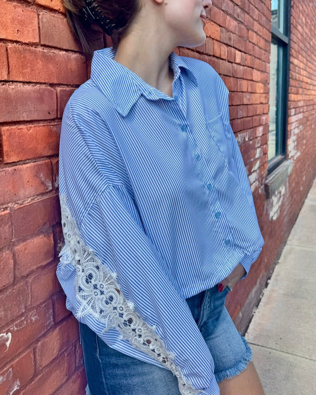 Blue Pinstripe Lace Insert Shirt - Shop Simply Apparel