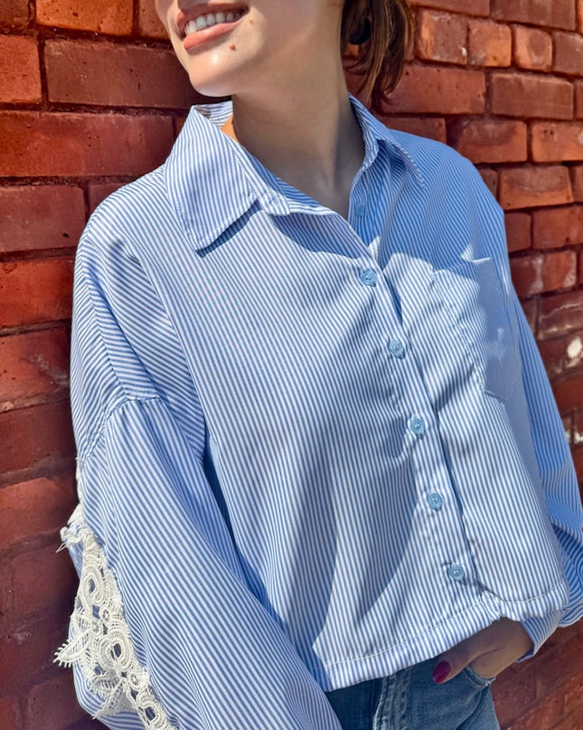 Blue Pinstripe Lace Insert Shirt - Shop Simply Apparel