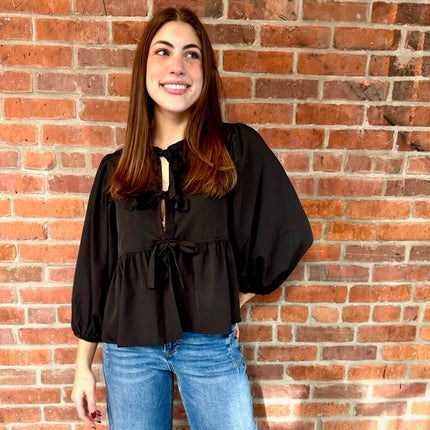 Black Tie Front Blouse Top