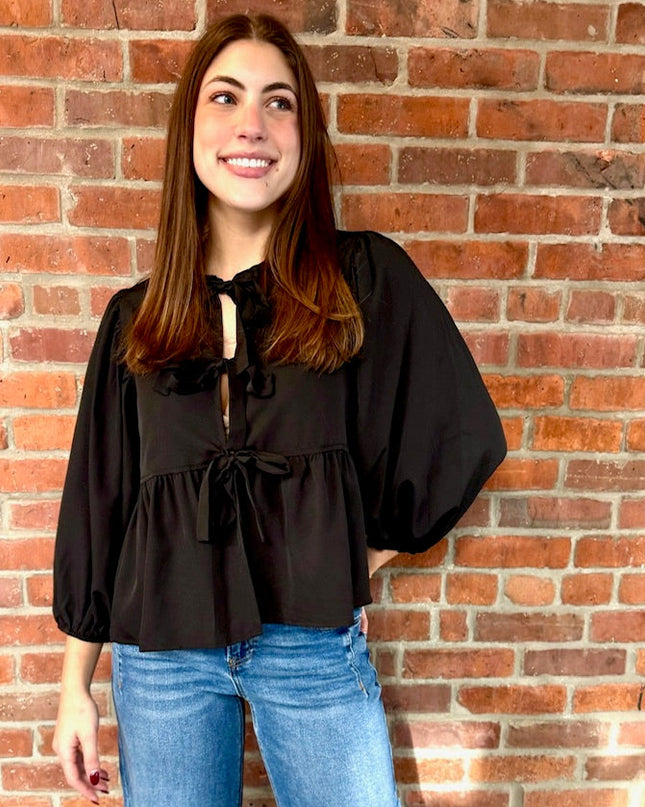 Black Tie Front Blouse Top