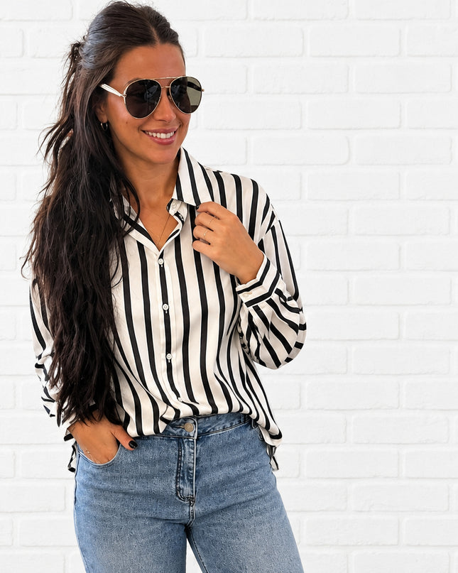 Black Striped Satin Button Down Shirt