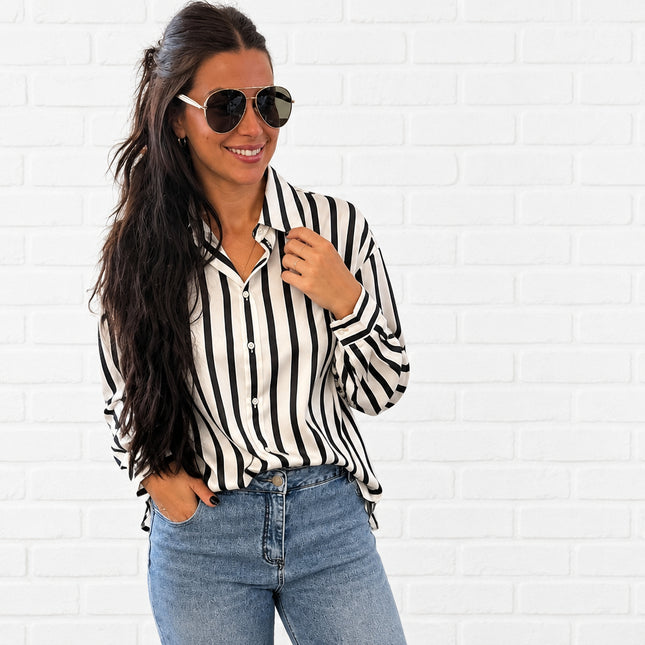 Black Striped Satin Button Down Shirt