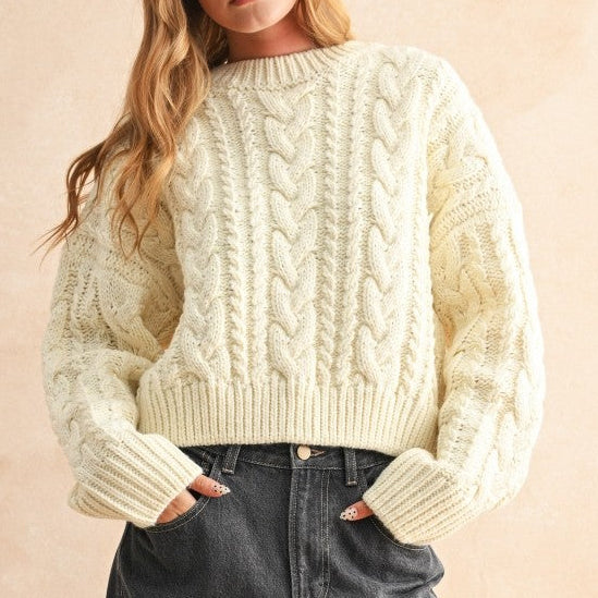 Ivory Braid On Back Cable Sweater