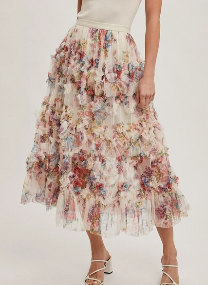 Ecru Floral Ruffled Mesh Midi Skirt