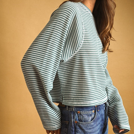 Jade Striped Waffle Long Sleeve Top