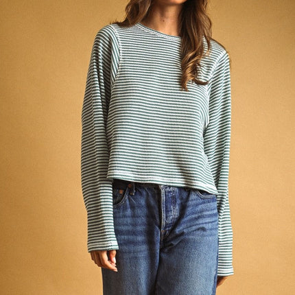 Jade Striped Waffle Long Sleeve Top