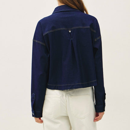 Dark Wash Knit Denim Cropped Shacket