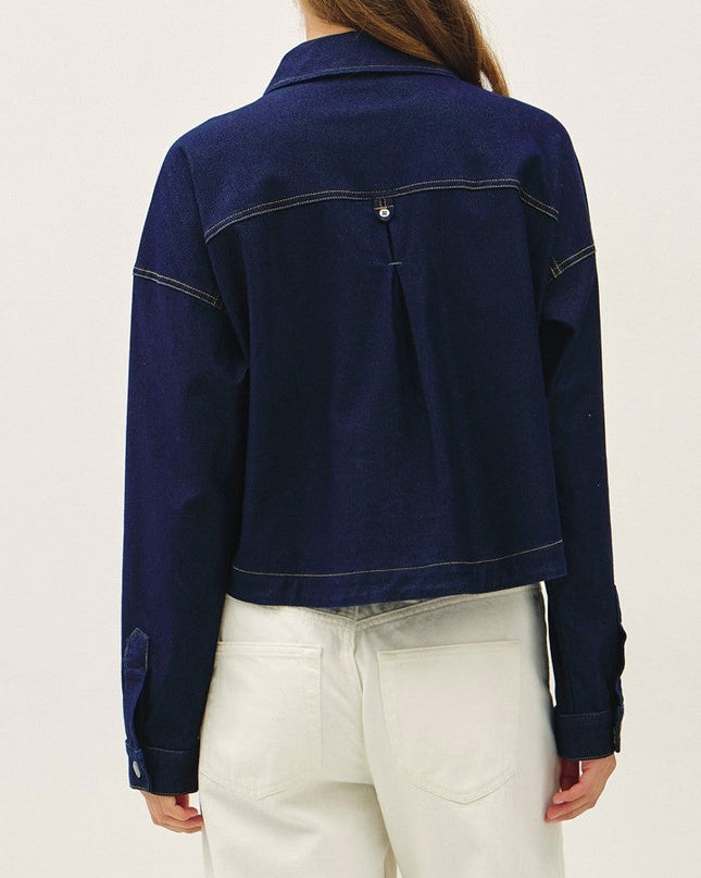 Dark Wash Knit Denim Cropped Shacket