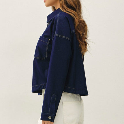 Dark Wash Knit Denim Cropped Shacket