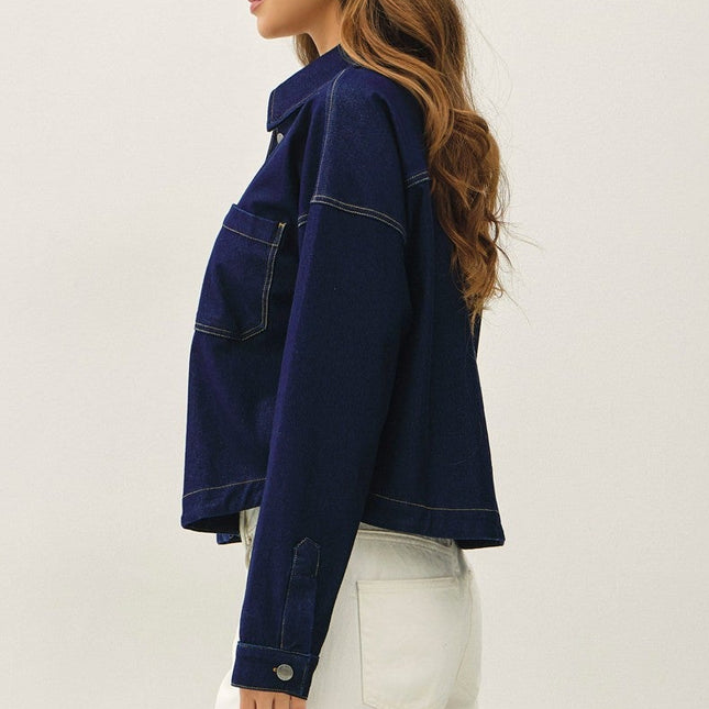 Dark Wash Knit Denim Cropped Shacket