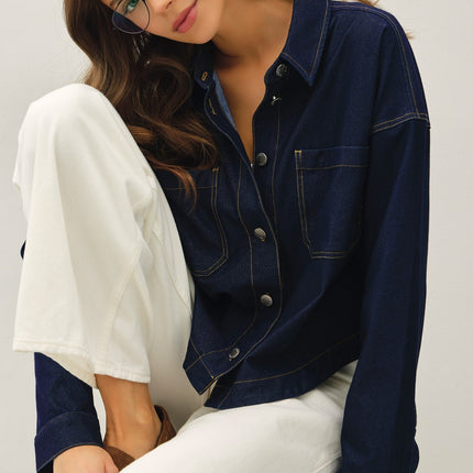 Dark Wash Knit Denim Cropped Shacket
