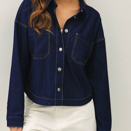 Dark Wash Knit Denim Cropped Shacket