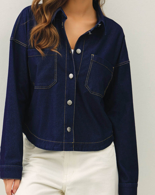 Dark Wash Knit Denim Cropped Shacket