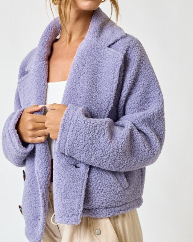Lavender Sherpa Double Button Collared Jacket