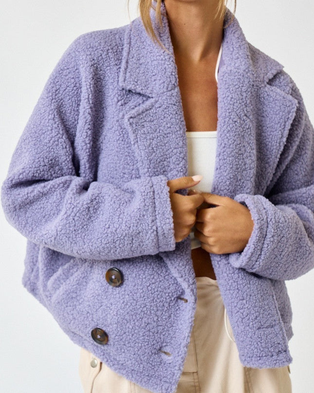 Lavender Sherpa Double Button Collared Jacket