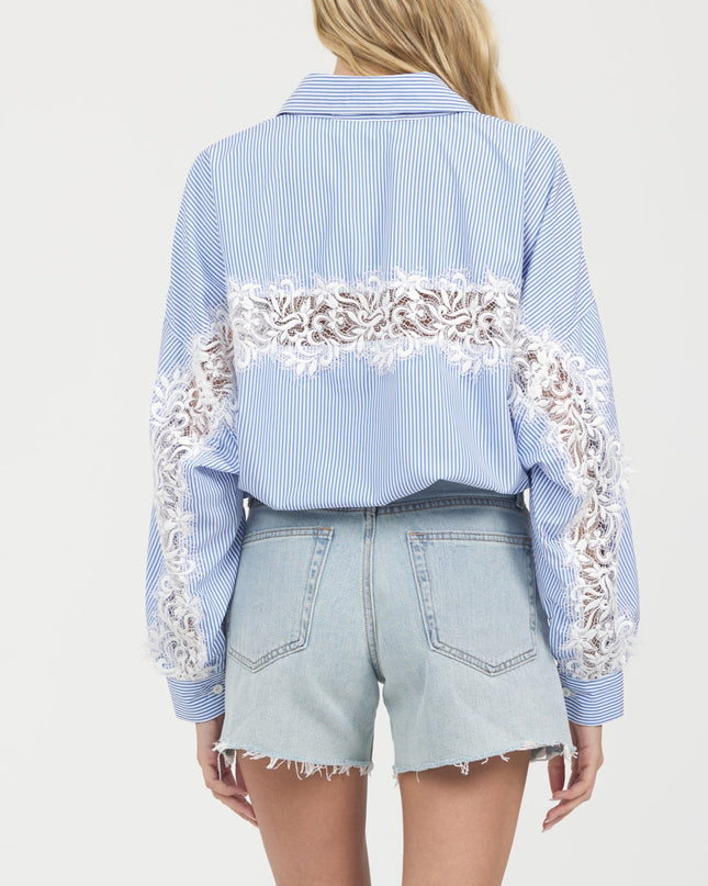 Blue Pinstripe Lace Insert Shirt - Shop Simply Apparel