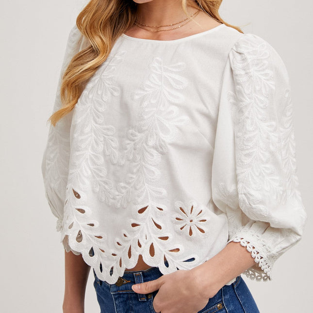 Lace Cut Out Bubble Sleeve Top