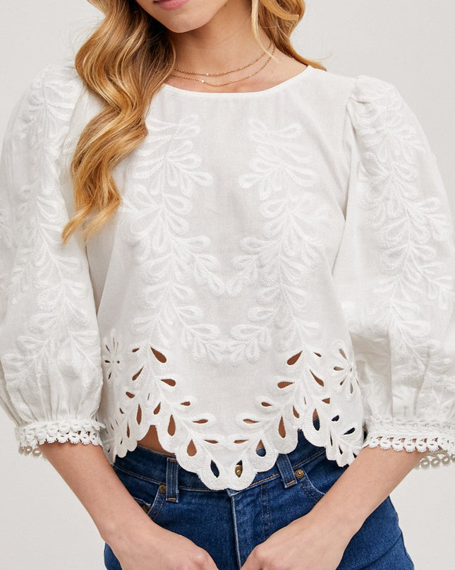 Ivory Lace Cutout Bubble Sleeved Top - Shop Simply Apparel
