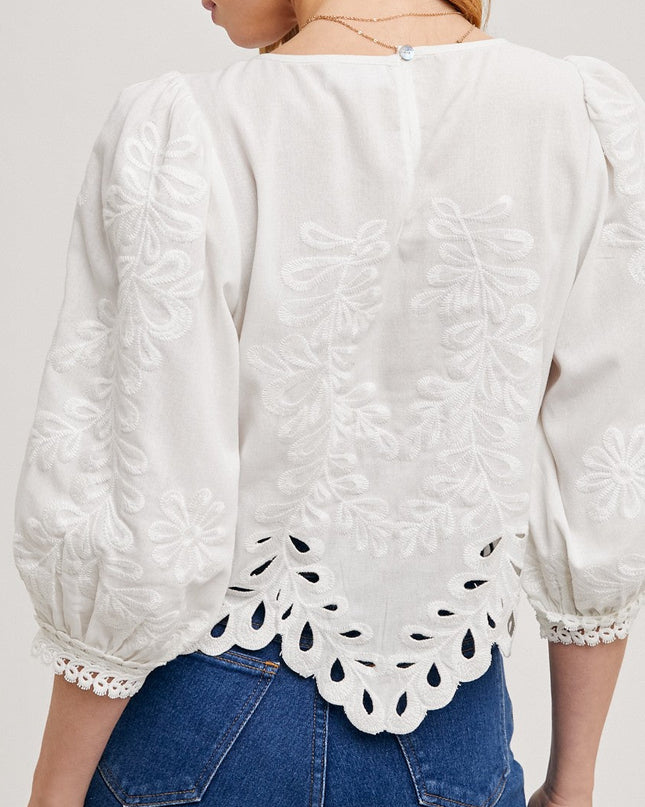 Ivory Lace Cutout Bubble Sleeved Top - Shop Simply Apparel