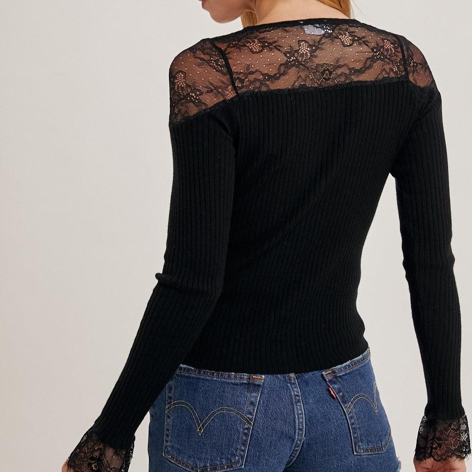 Lace Trimmed Button Down Knit Top