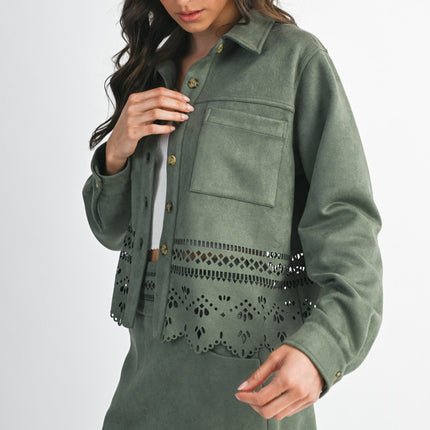 Olive Faux Suede Button Down Jacket