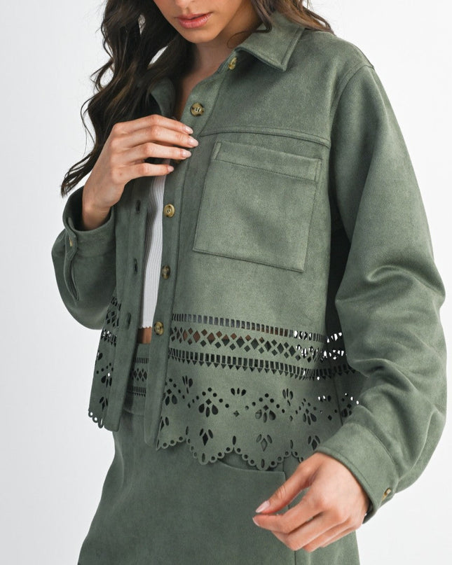Olive Faux Suede Button Down Jacket