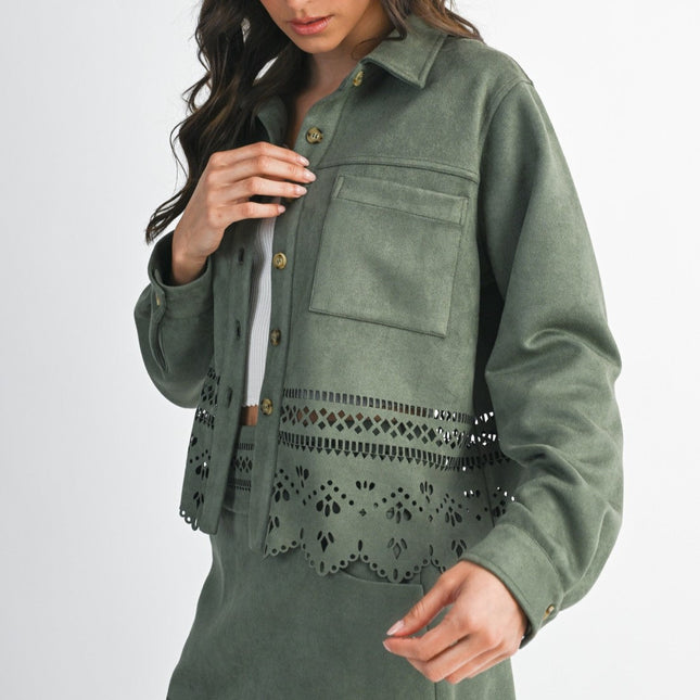Olive Faux Suede Button Down Jacket