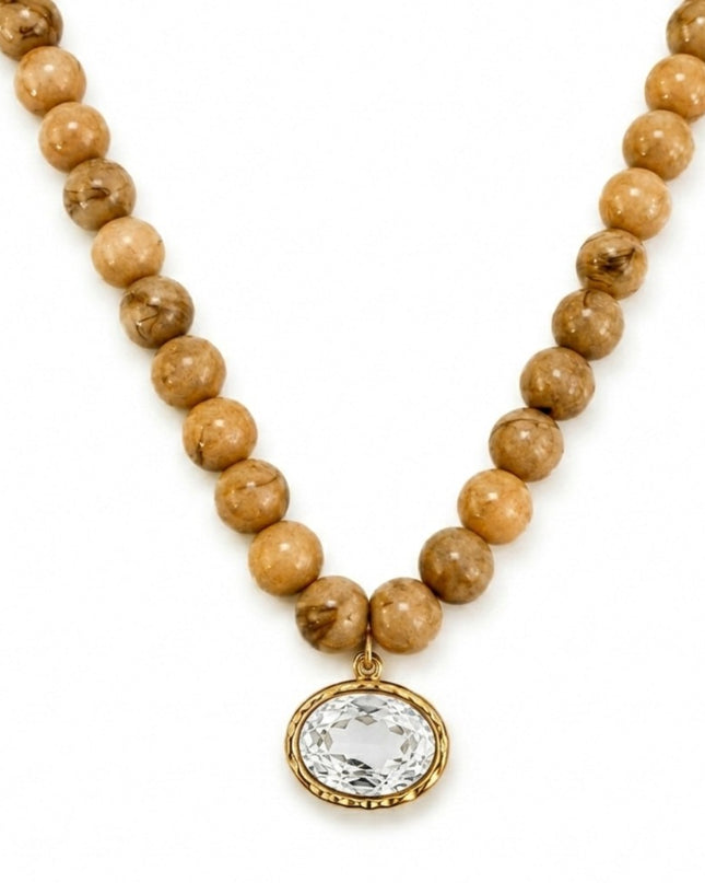 Light Brown Marbled Bead Glass Crystal Pendant Necklace