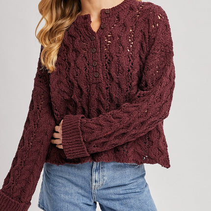 Maroon Half-Button Down Open Knit Sweater