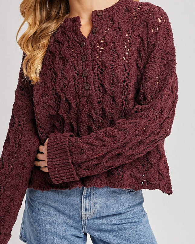 Maroon Half-Button Down Open Knit Sweater