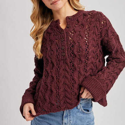 Maroon Half-Button Down Open Knit Sweater