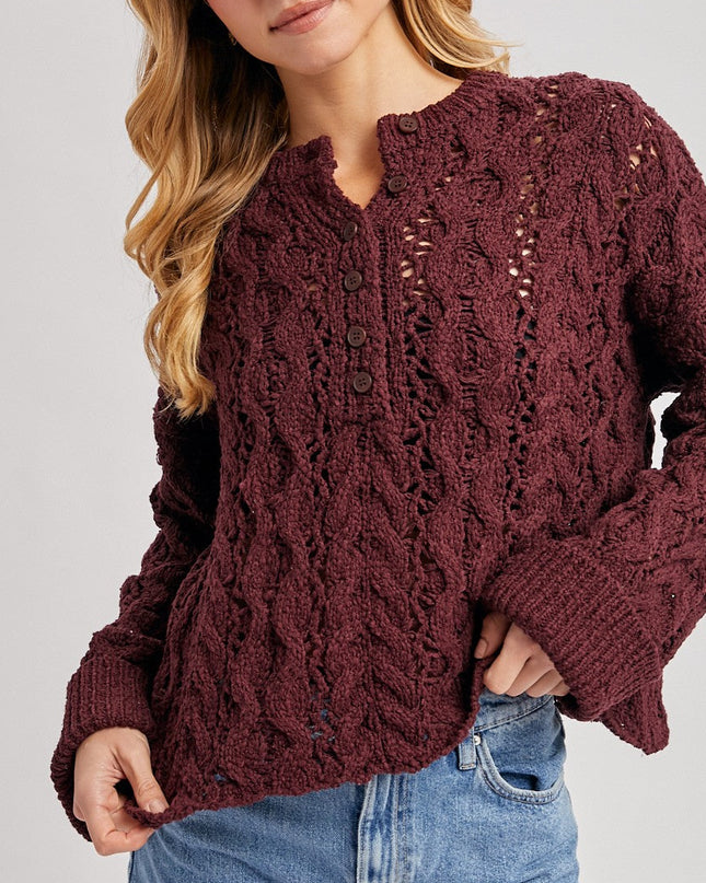 Maroon Half-Button Down Open Knit Sweater