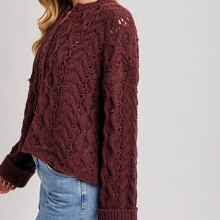 Maroon Half-Button Down Open Knit Sweater