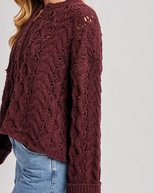 Maroon Half-Button Down Open Knit Sweater
