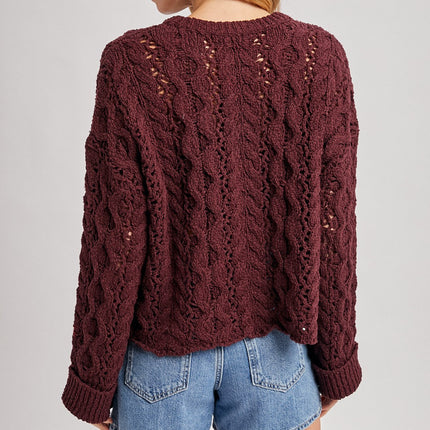 Maroon Half-Button Down Open Knit Sweater