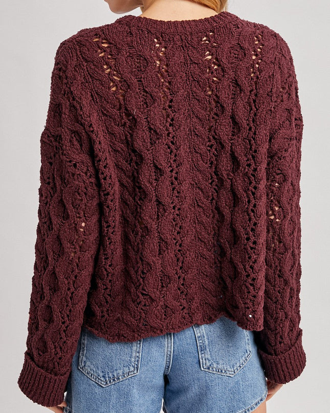 Maroon Half-Button Down Open Knit Sweater