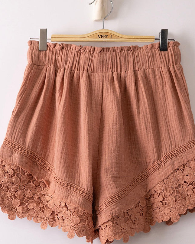 Mauve Lace Detail Woven Shorts - Shop Simply Apparel