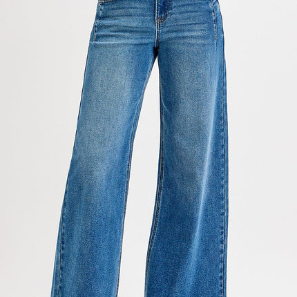 Mid Rise Wide Leg Fray Hem Jeans
